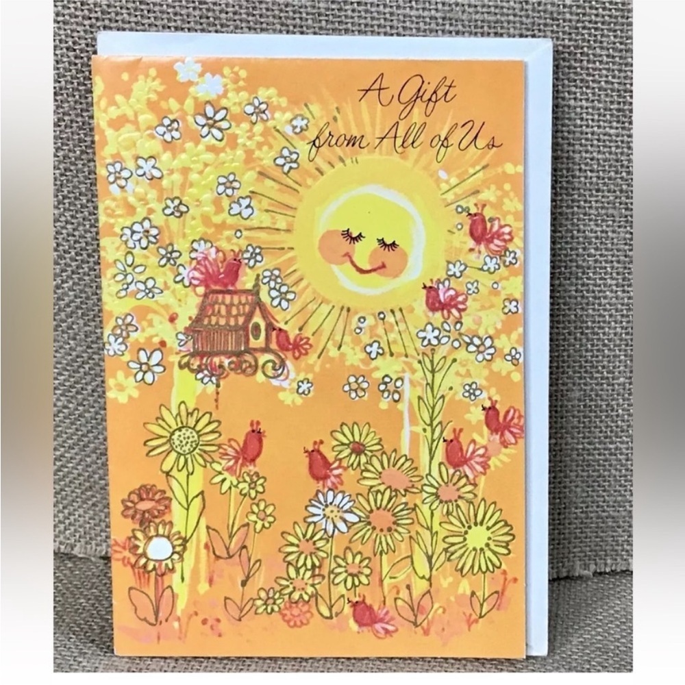 Vintage Anthropomorphic Sun Floral A Gift From All Of Us Greeting Card Whimsical